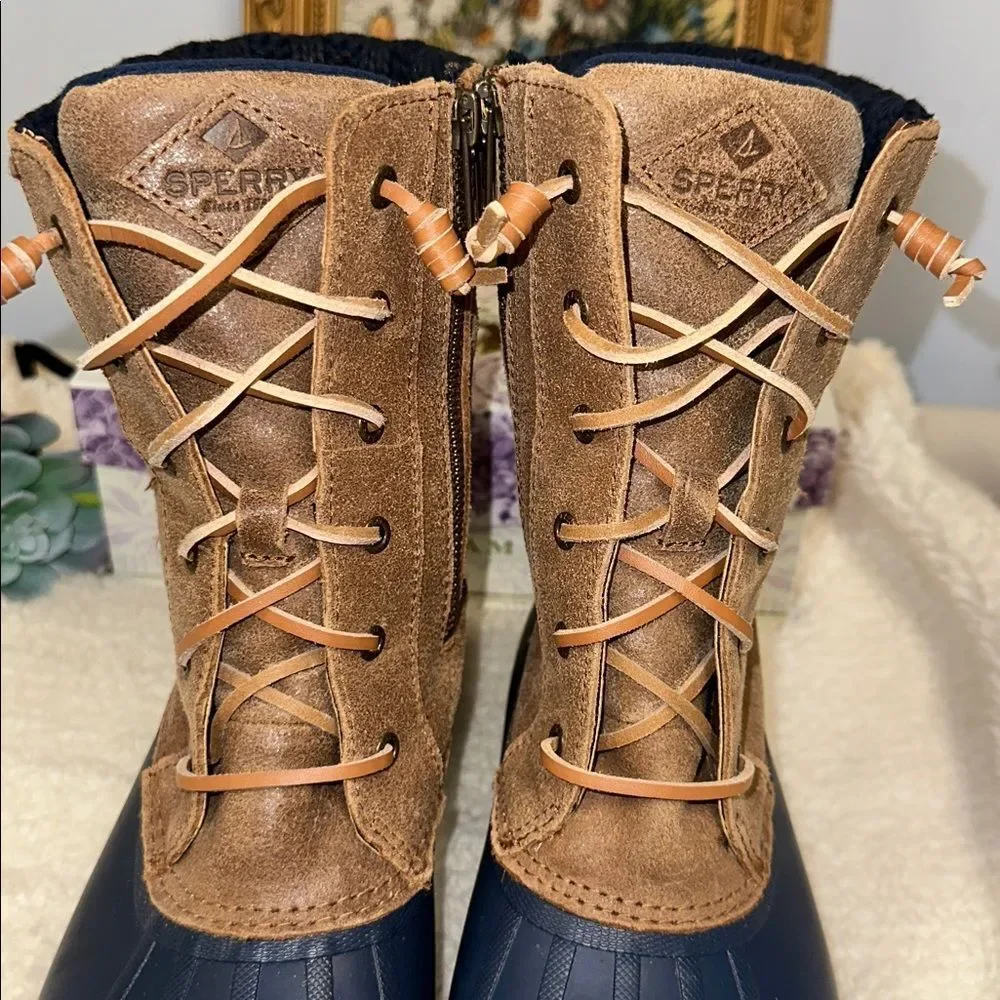 SPERRY 7.5 Top Sider Syren Misty Tan Navy Lace Leather Saltwater Duck Boots